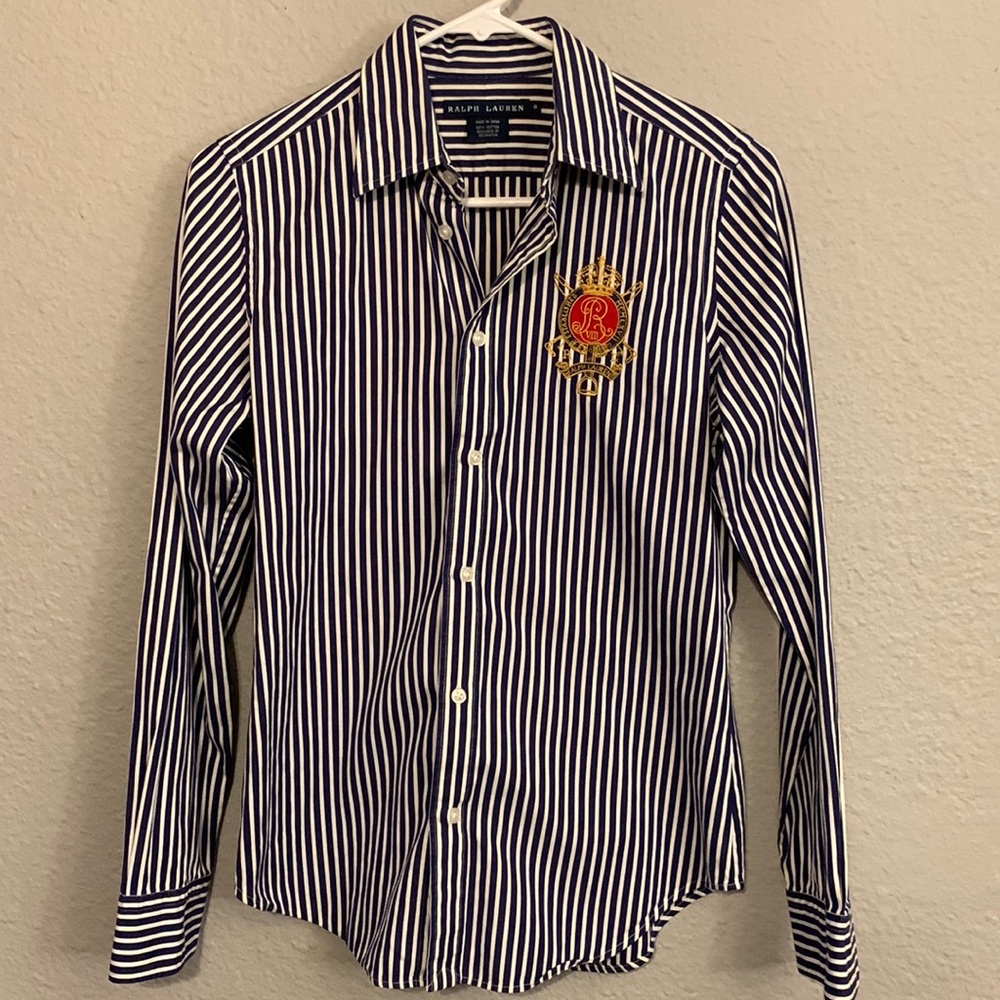 Ralph Lauren women's pinstriped shirt embroidered logo black/white Size …
